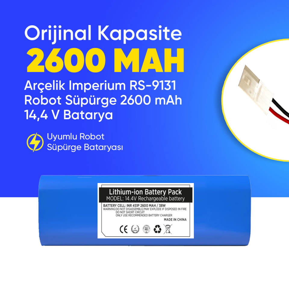 Arçelik Imperium RS-9131 Robot Süpürge 2600 mAh 14,4 V Batarya – Orjinal Uyumlu Uzun Ömürlü, Yüksek Performans Pil