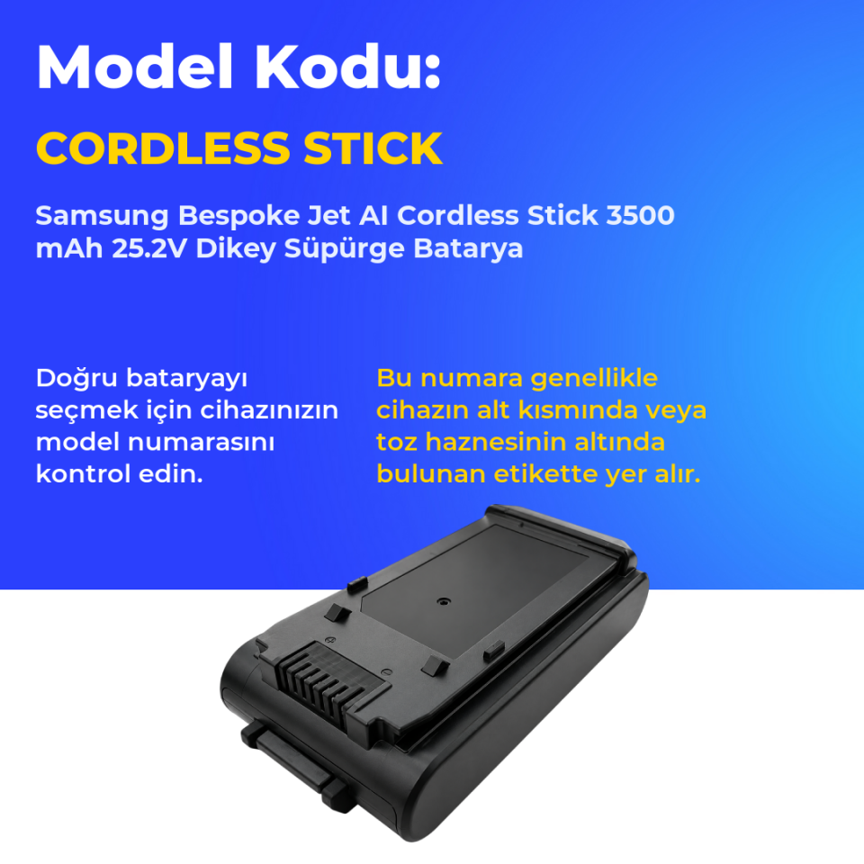 Samsung Bespoke Jet AI Cordless Stick 3500 mAh 25.2V Dikey Süpürge Batarya