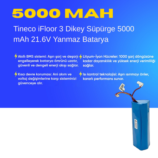 Tineco iFloor 3 Dikey Süpürge 5000 mAh 21.6V Yanmaz Batarya – Orjinal Uyumlu Uzun Ömürlü, Yüksek Performans Pil