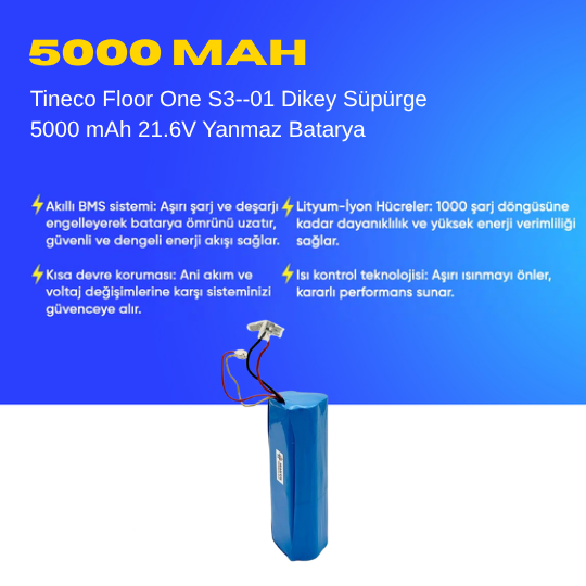 Tineco Floor One S3--01 Dikey Süpürge 5000 mAh 21.6V Yanmaz Batarya – Orjinal Uyumlu Uzun Ömürlü, Yüksek Performans Pil