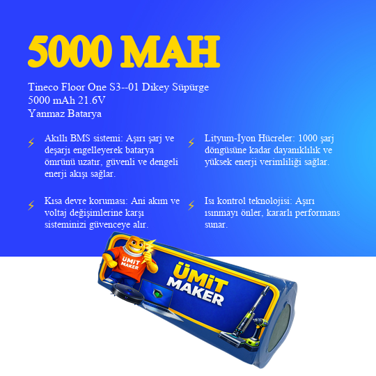 Tineco Floor One S3--01 Dikey Süpürge 5000 mAh 21.6V Yanmaz Batarya – Orjinal Uyumlu Uzun Ömürlü, Yüksek Performans Pil