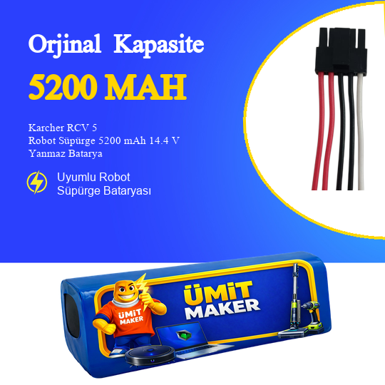 Karcher RCV 5 Robot Süpürge 5200 mAh 14.4 V Yanmaz Batarya – Orjinal Uyumlu Uzun Ömürlü, Yüksek Performans Pil