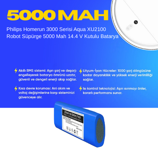 Philips Homerun 3000 Serisi Aqua XU2100 Robot Süpürge 5000 Mah 14.4 V Kutulu Batarya – Orjinal Uyumlu Uzun Ömürlü, Yüksek Performans Pil