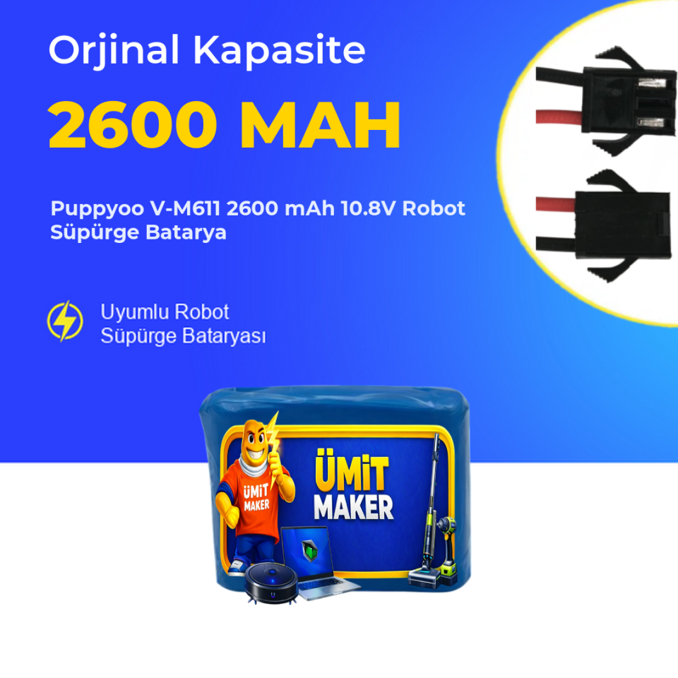 Puppyoo V-M611 2600 mAh 10.8V Robot Süpürge Batarya