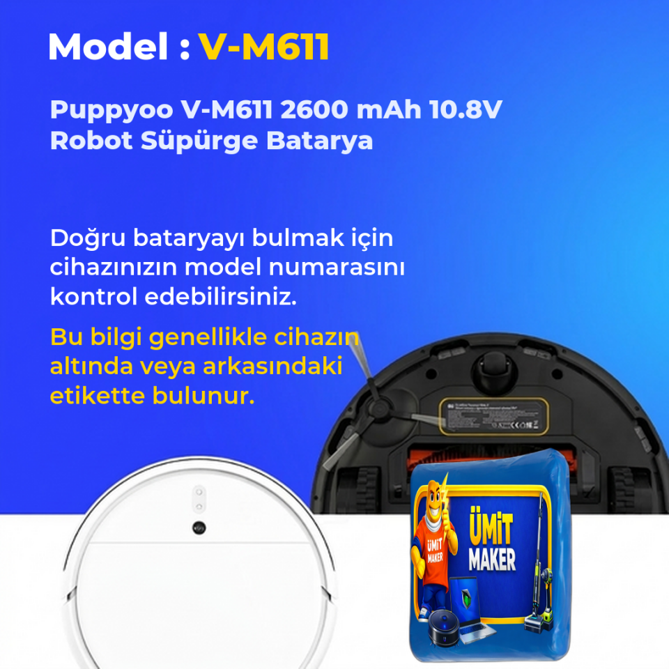 Puppyoo V-M611 2600 mAh 10.8V Robot Süpürge Batarya