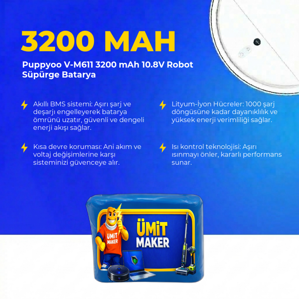 Puppyoo V-M611 3200 mAh 10.8V Robot Süpürge Batarya