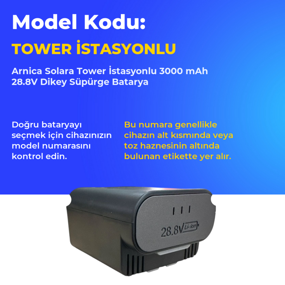 Arnica Solara Tower İstasyonlu 3000 mAh 28.8V Dikey Süpürge Batarya