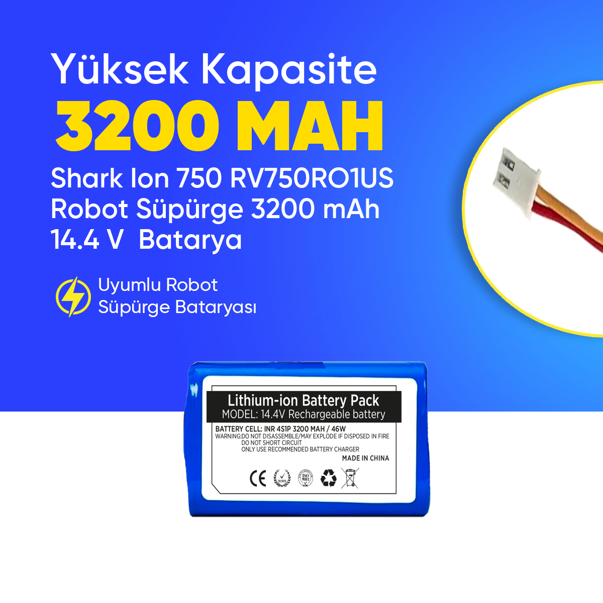 Shark Ion 750 RV750RO1US Robot Süpürge 3200 mAh 14.4 V  Batarya – Orjinal Uyumlu Uzun Ömürlü, Yüksek Performans Pil