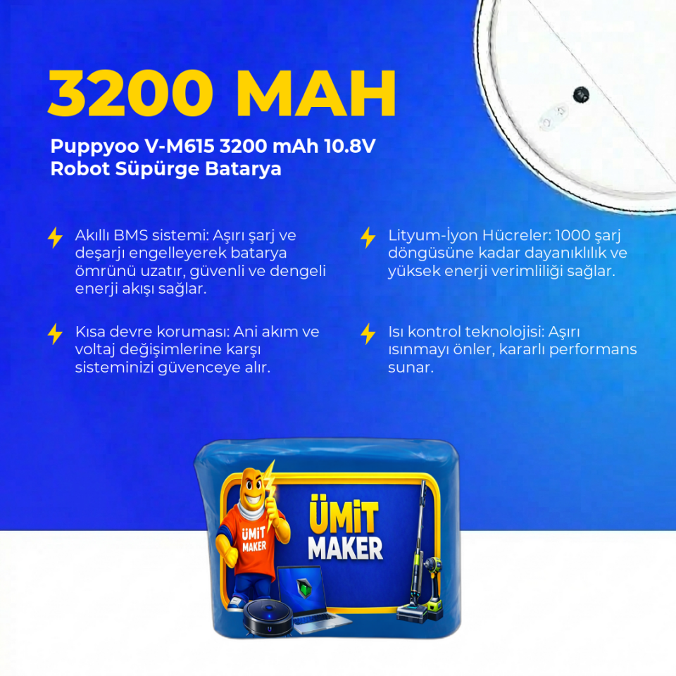 Puppyoo V-M615 3200 mAh 10.8V Robot Süpürge Batarya