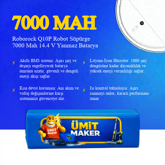 Roborock Q10P Robot Süpürge 7000 Mah 14.4 V Yanmaz Batarya – Orjinal Uyumlu Uzun Ömürlü Pil