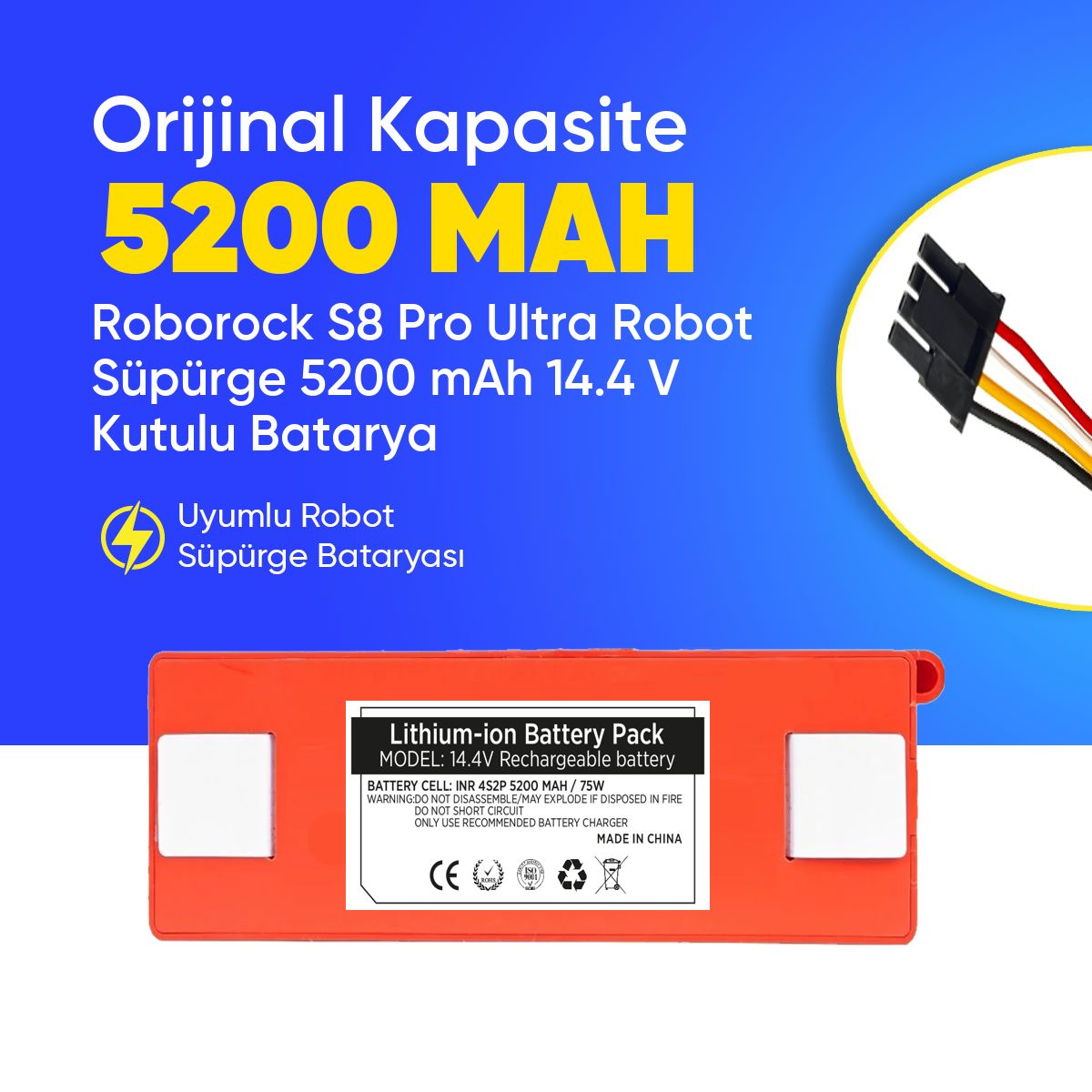 Roborock S8 Pro Ultra Robot Süpürge 5200 mAh 14.4 V Kutulu Batarya – Orjinal Uyumlu Uzun Ömürlü, Yüksek Performans Pil