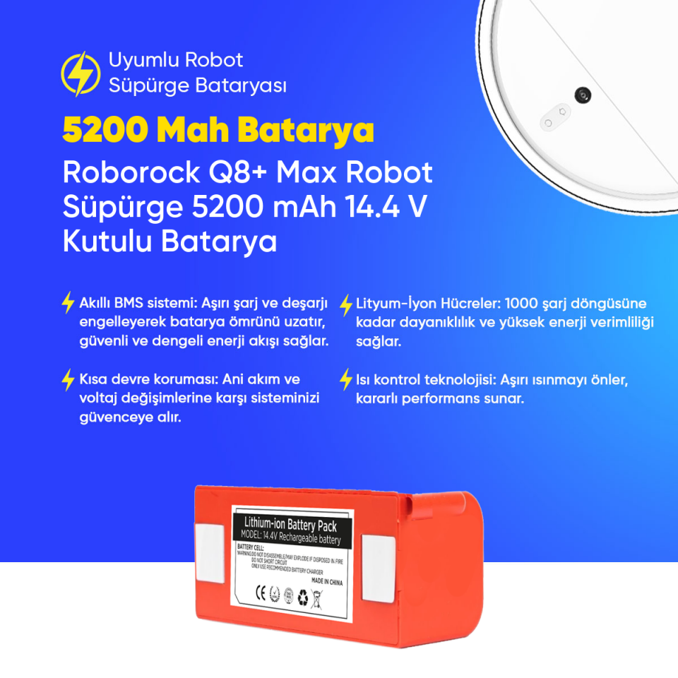 Roborock Q8+ Max Robot Süpürge 5200 mAh 14.4 V Kutulu Batarya – Orjinal Uyumlu Uzun Ömürlü, Yüksek Performans Pil