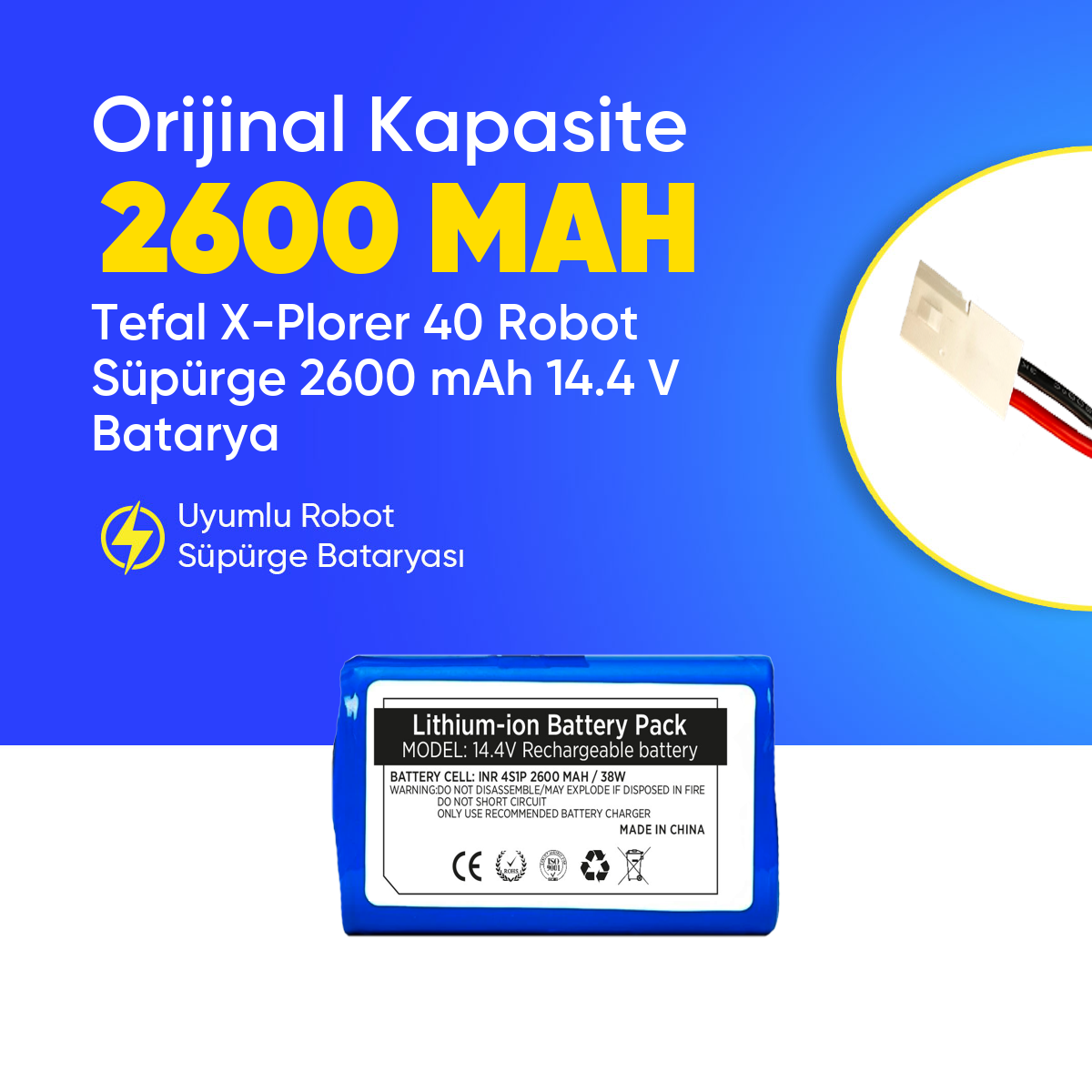 Tefal X-Plorer 40 Robot Süpürge 2600 mAh 14.4 V  Batarya – Orjinal Uyumlu Uzun Ömürlü, Yüksek Performans Pil