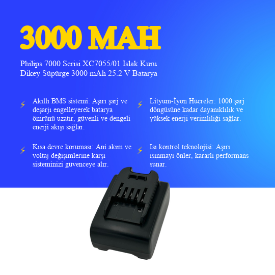 Philips 7000 Serisi XC7055/01 Islak Kuru Dikey Süpürge 3000 mAh 25.2 V Batarya