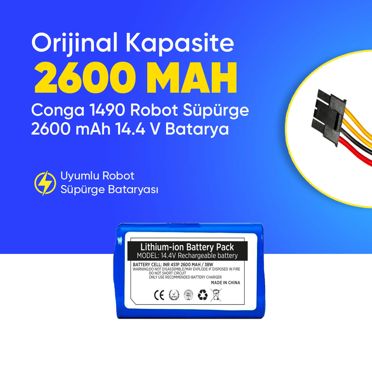 Conga 1490 Robot Süpürge 2600 mAh 14.4 V,  Batarya – Orjinal Uyumlu Uzun Ömürlü, Yüksek Performans Pil