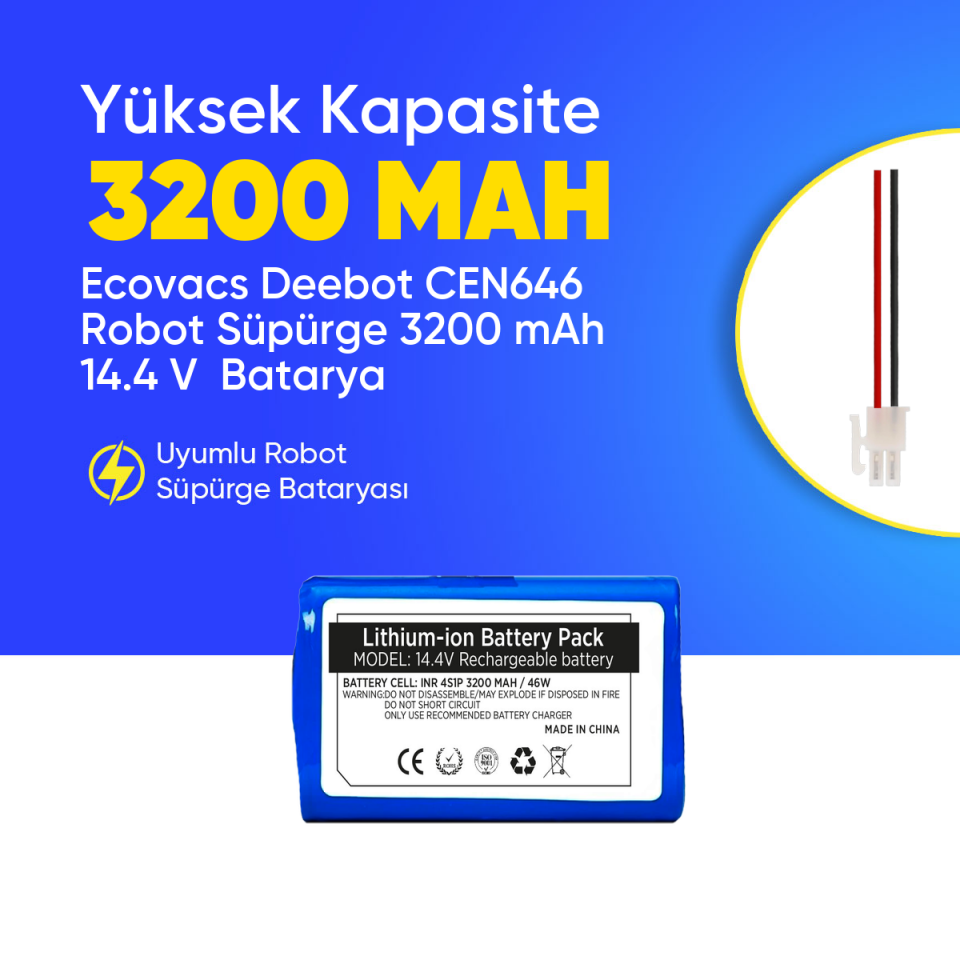 Ecovacs Deebot CEN646 Robot Süpürge 3200 mAh 14.4 V  Batarya – Orjinal Uyumlu Uzun Ömürlü, Yüksek Performans Pil
