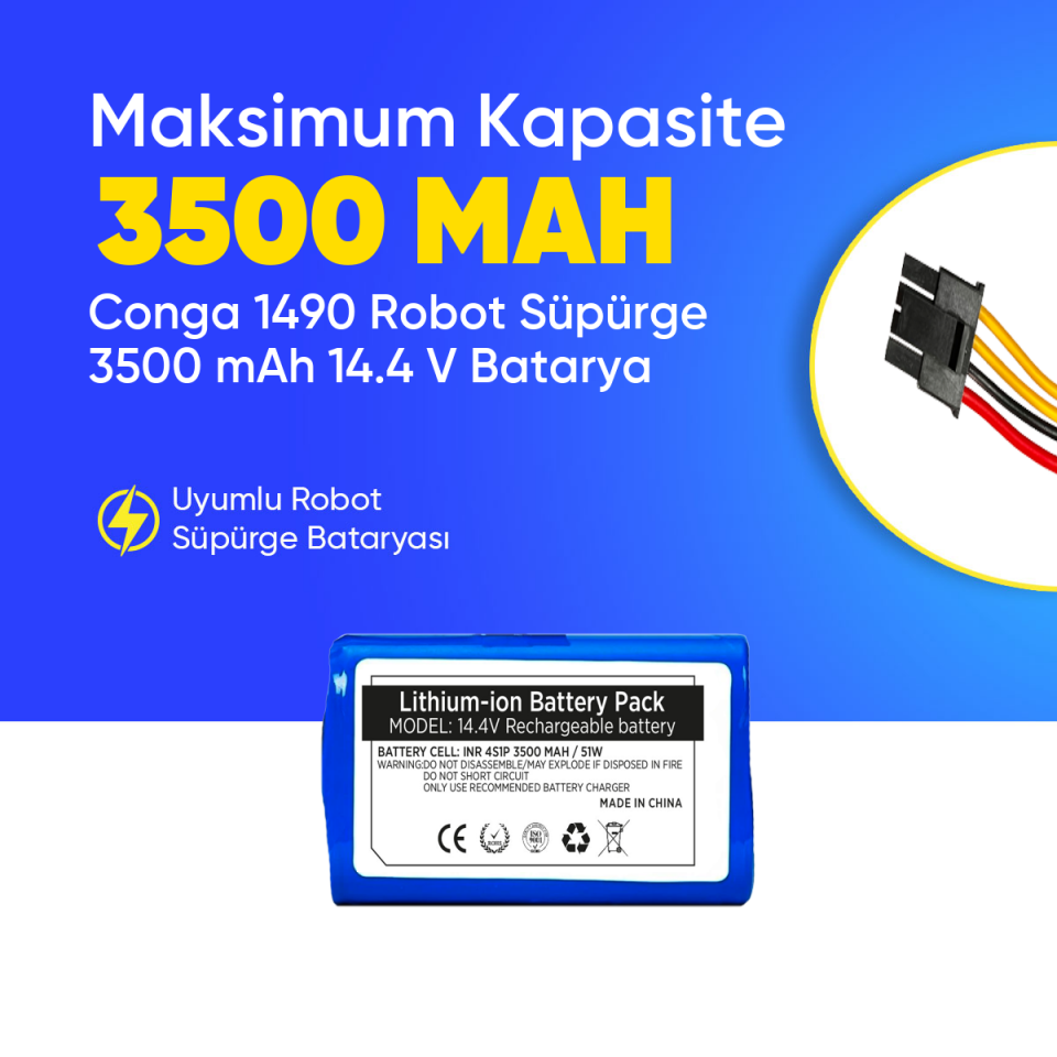 Conga 1490 Robot Süpürge 3500 mAh 14.4 V,  Batarya – Orjinal Uyumlu Uzun Ömürlü, Yüksek Performans Pil