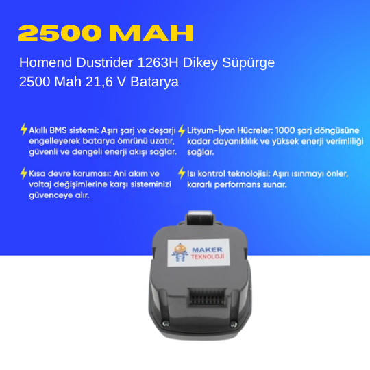 Homend Dustrider 1263H Dikey Süpürge 2500 Mah 21,6 V Batarya – Orjinal Uyumlu Uzun Ömürlü, Yüksek Performans Pil
