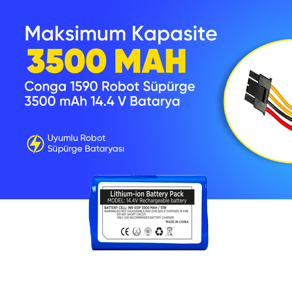Conga 1590 Robot Süpürge 3500 mAh 14.4 V,  Batarya – Orjinal Uyumlu Uzun Ömürlü, Yüksek Performans Pil