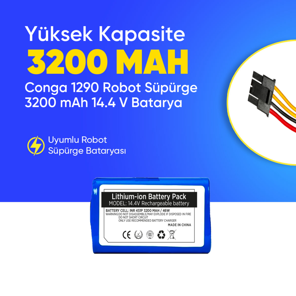Conga 1290 Robot Süpürge 3200 mAh 14.4 V,  Batarya – Orjinal Uyumlu Uzun Ömürlü, Yüksek Performans Pil