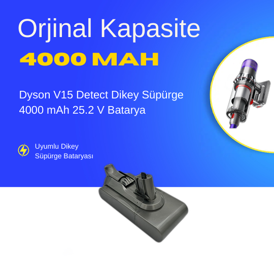 Dyson V15 Detect Dikey Süpürge 4000 mAh 25.2 V  Batarya – Orjinal Uyumlu Uzun Ömürlü, Yüksek Performans Pil