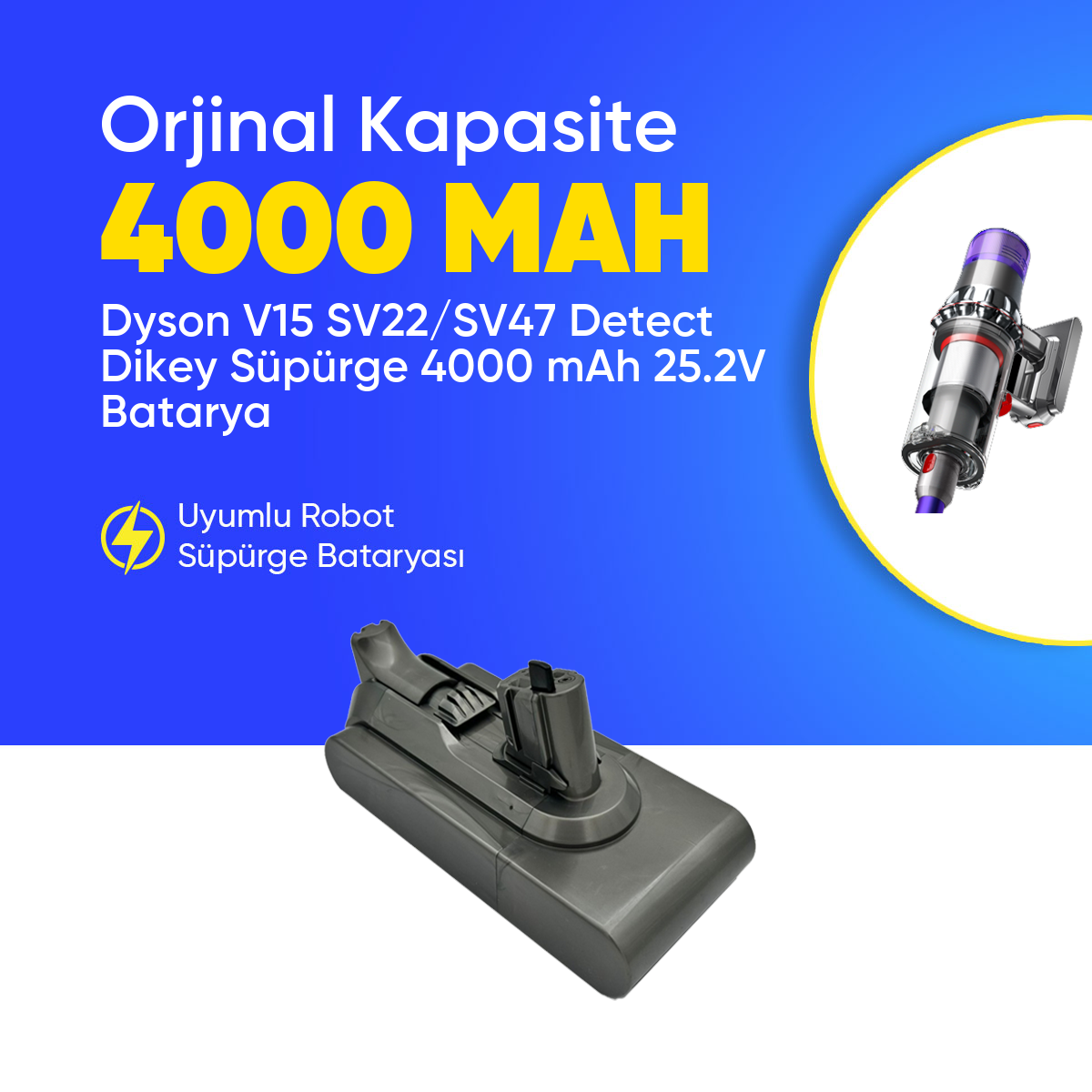 Dyson V15 SV22/SV47 Detect Dikey Süpürge 4000 mAh 25.2 V  Batarya – Orjinal Uyumlu Uzun Ömürlü, Yüksek Performans Pil