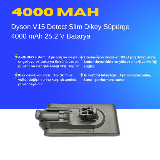 Dyson V15 Detect Slim Dikey Süpürge 4000 mAh 25.2 V  Batarya – Orjinal Uyumlu Uzun Ömürlü, Yüksek Performans Pil