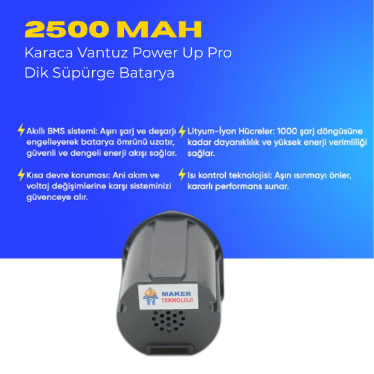 Karaca Vantuz Power Up Pro Dik Süpürge Batarya – Orijinal Kalite, Güçlü ve Dayanıklı Yedek Pil | Hızlı Şarj & Uzun Ömürlü Kullanım