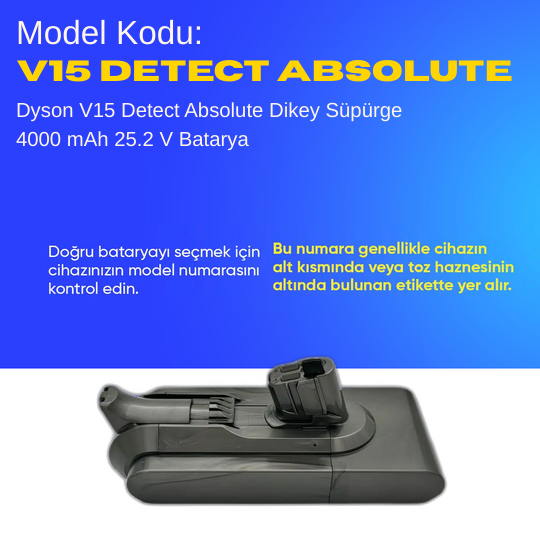 Dyson V15 Detect Absolute Dikey Süpürge 4000 mAh 25.2 V  Batarya – Orjinal Uyumlu Uzun Ömürlü, Yüksek Performans Pil