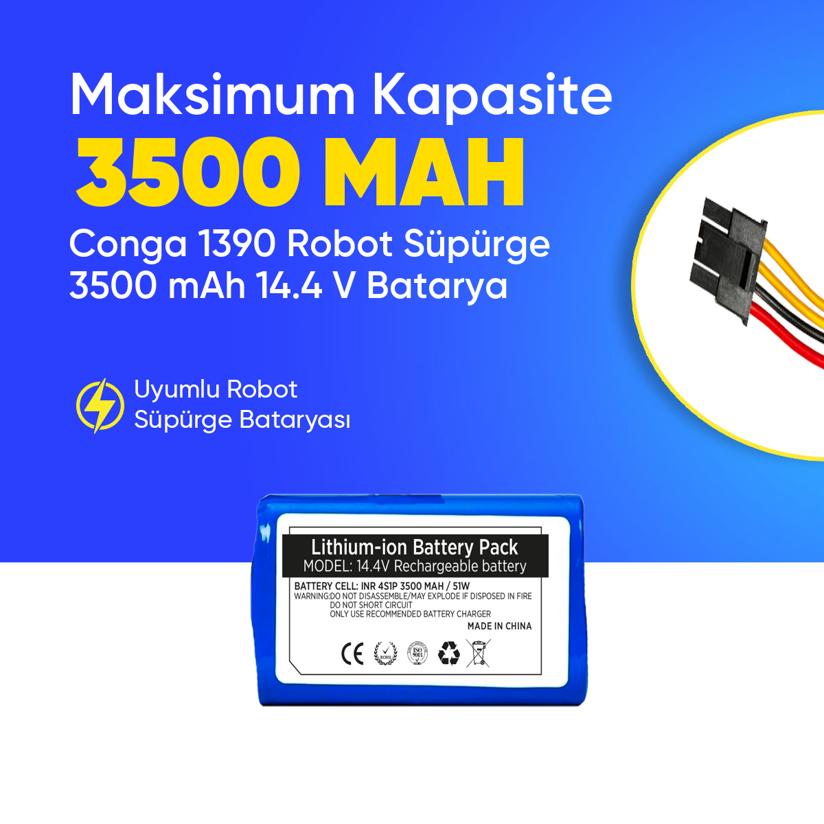 Conga 1390 Robot Süpürge 3500 mAh 14.4 V,  Batarya – Orjinal Uyumlu Uzun Ömürlü, Yüksek Performans Pil