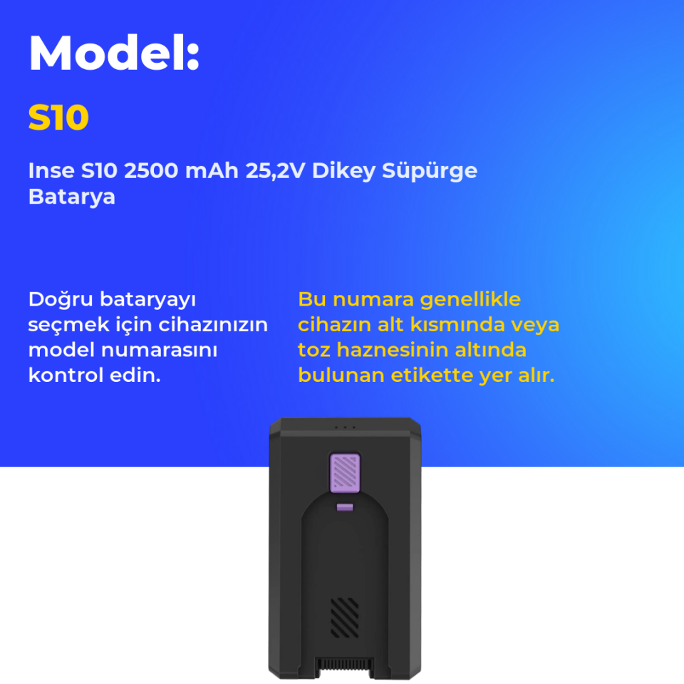 Inse S10 2500 mAh 25,2V Dikey Süpürge Batarya