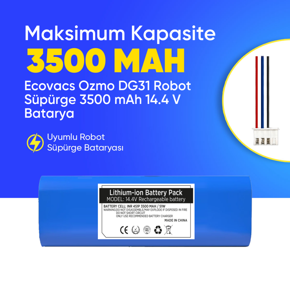 Ecovacs Ozmo DG31 Robot Süpürge 3500 mAh 14.4 V  Batarya – Orjinal Uyumlu Uzun Ömürlü, Yüksek Performans Pil