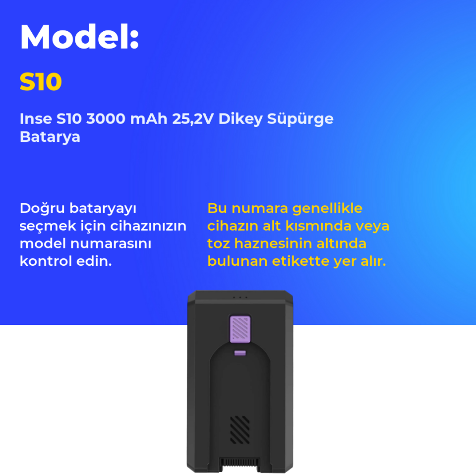 Inse S10 3000 mAh 25,2V Dikey Süpürge Batarya