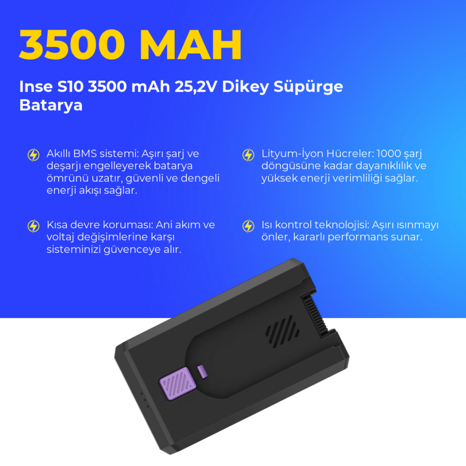 Inse S10 3500 mAh 25,2V Dikey Süpürge Batarya