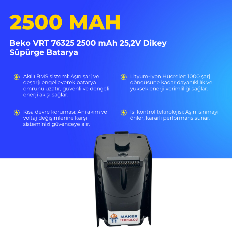 Beko VRT 76325 2500 mAh 25,2V Dikey Süpürge Batarya