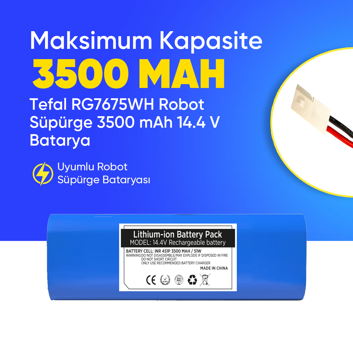 Tefal RG7675WH Robot Süpürge 3500 mAh 14.4 V  Batarya – Orjinal Uyumlu Uzun Ömürlü, Yüksek Performans Pil