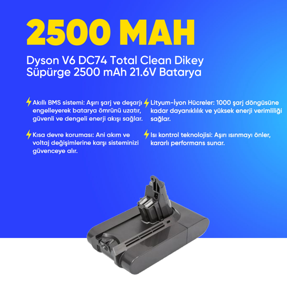 Dyson V6 DC74 Total Clean Dikey Süpürge 2500 mAh 21.6 V  Batarya – Orjinal Uyumlu Uzun Ömürlü, Yüksek Performans Pil