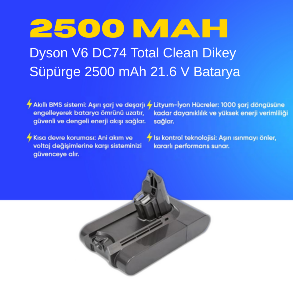 Dyson V6 DC74 Total Clean Dikey Süpürge 2500 mAh 21.6 V  Batarya – Orjinal Uyumlu Uzun Ömürlü, Yüksek Performans Pil