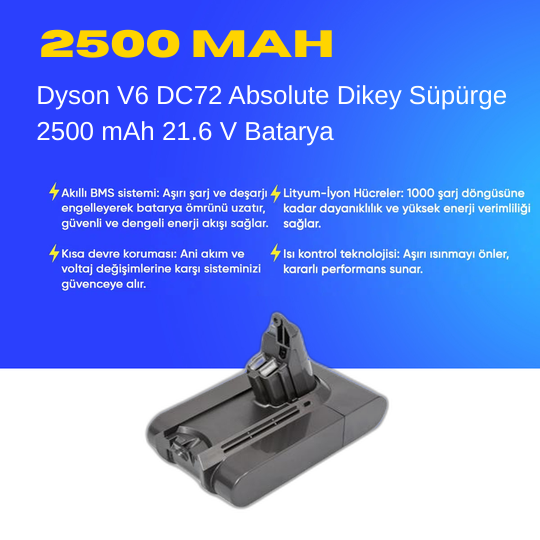 Dyson V6 DC72 Absolute Dikey Süpürge 2500 mAh 21.6 V  Batarya – Orjinal Uyumlu Uzun Ömürlü, Yüksek Performans Pil