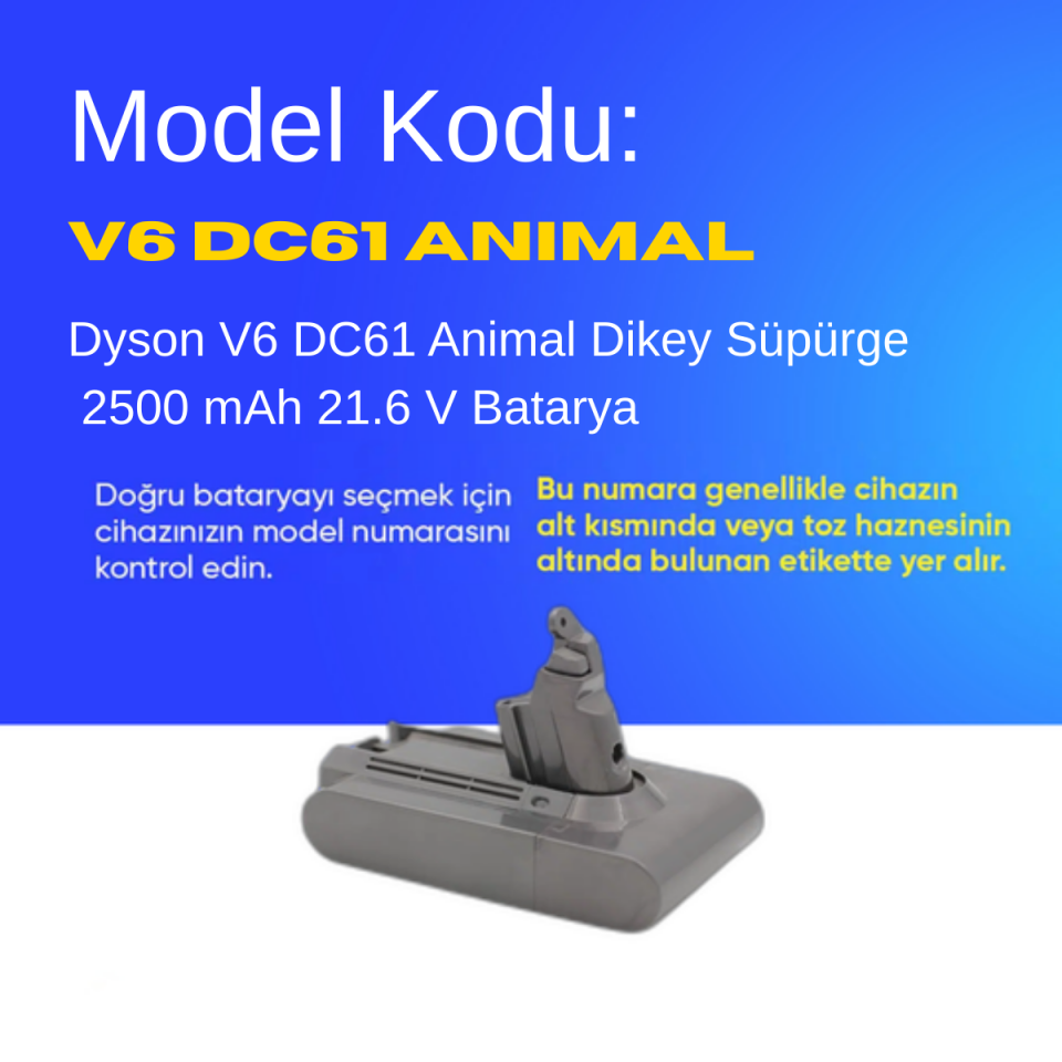 Dyson V6 DC61 Animal Dikey Süpürge 2500 mAh 21.6 V  Batarya – Orjinal Uyumlu Uzun Ömürlü, Yüksek Performans Pil