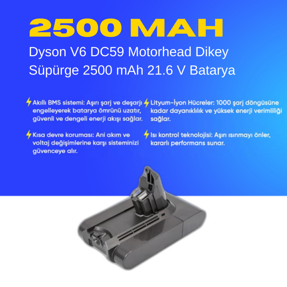 Dyson V6 DC59 Motorhead Dikey Süpürge 2500 mAh 21.6 V  Batarya – Orjinal Uyumlu Uzun Ömürlü, Yüksek Performans Pil