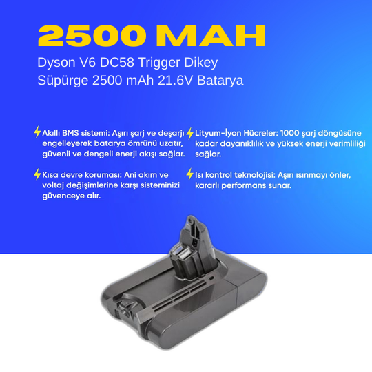 Dyson V6 DC58 Trigger Dikey Süpürge 2500 mAh 21.6 V  Batarya – Orjinal Uyumlu Uzun Ömürlü, Yüksek Performans Pil