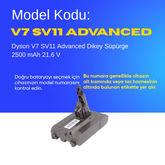 Dyson V7 SV11 Advanced Dikey Süpürge 2500 mAh 21.6 V  Batarya – Orjinal Uyumlu Uzun Ömürlü, Yüksek Performans Pil