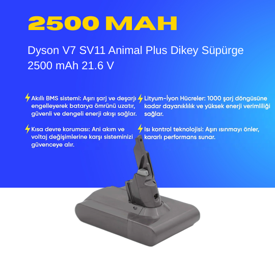 Dyson V7 SV11 Animal Dikey Süpürge 2500 mAh 21.6 V  Batarya – Orjinal Uyumlu Uzun Ömürlü, Yüksek Performans Pil