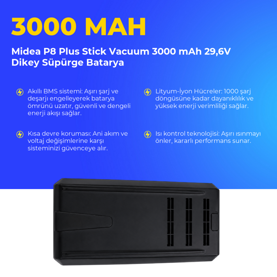 Midea P8 Plus Stick Vacuum 3000 mAh 29,6V Dikey Süpürge Batarya