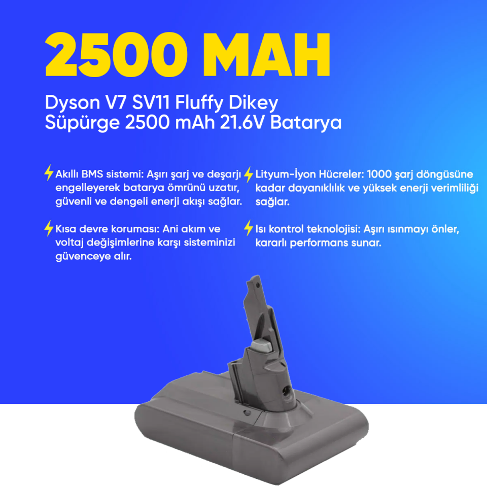 Dyson V7 SV11 Fluffy Dikey Süpürge 2500 mAh 21.6 V  Batarya – Orjinal Uyumlu Uzun Ömürlü, Yüksek Performans Pil