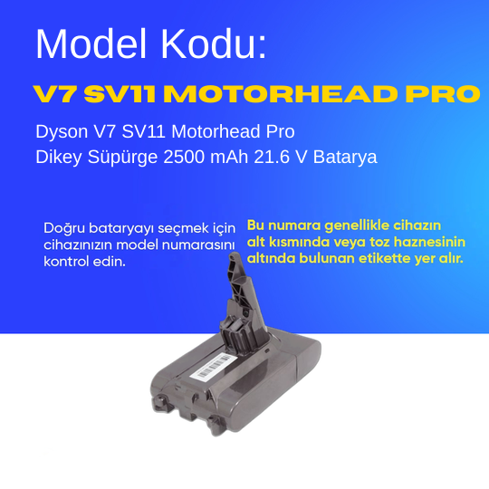 Dyson V7 SV11 Motorhead Pro Dikey Süpürge 2500 mAh 21.6 V  Batarya – Orjinal Uyumlu Uzun Ömürlü, Yüksek Performans Pil