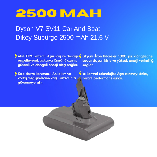 Dyson V7 SV11 Car And Boat Dikey Süpürge 2500 mAh 21.6 V  Batarya – Orjinal Uyumlu Uzun Ömürlü, Yüksek Performans Pil