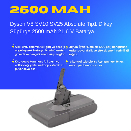 Dyson V8 SV10 SV25 Absolute Tip1 Dikey Süpürge 2500 mAh 21.6 V  Batarya – Orjinal Uyumlu Uzun Ömürlü, Yüksek Performans Pil