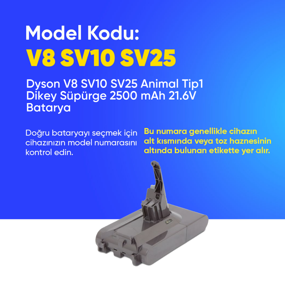 Dyson V8 SV10 SV25 Animal Tip1 Dikey Süpürge 2500 mAh 21.6 V  Batarya – Orjinal Uyumlu Uzun Ömürlü, Yüksek Performans Pil